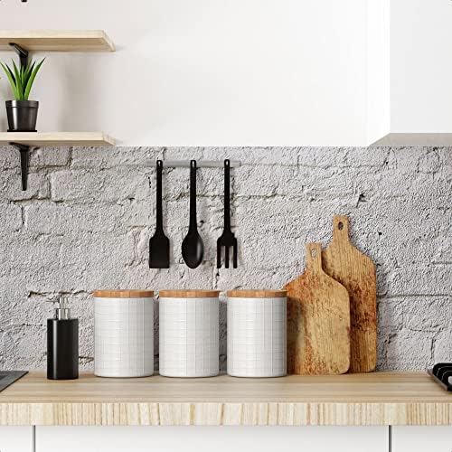 Barnyard Designs Kitchen Canisters with Bamboo Lids, Airtight Metal Canister Set, Coffee, Sugar, Tea, Flour Storage Containers, White, 13.5 x 17cm, Set of 3