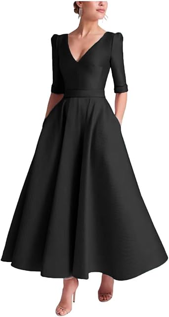 Satin Mother of The Bride Dresses for Wedding Long Sleeve V Neck Formal Evening Dresses with Pockets YOM074