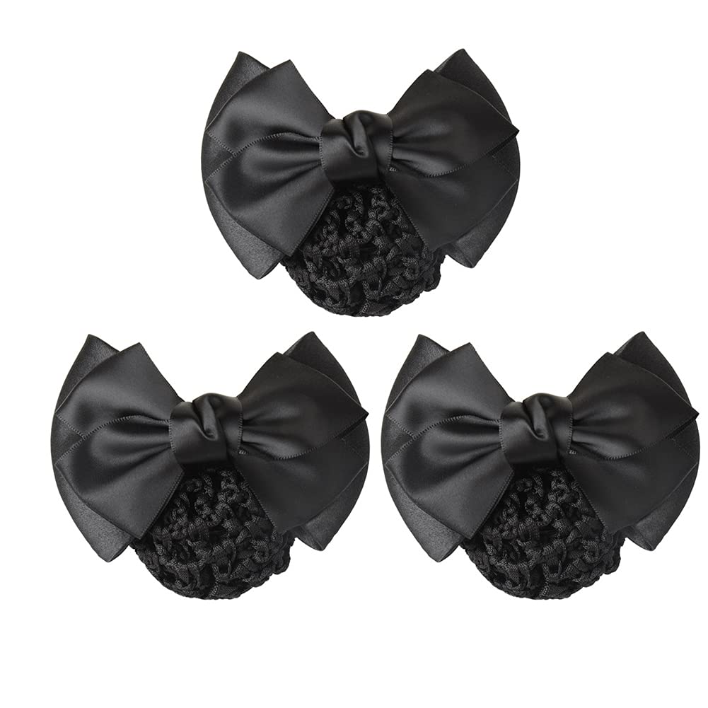 3PCS Bowknot Snood Net Hair Clip Bun Cover Satin Bow Elastic Mesh Barrette Invisible Ballet Hair Nets Women Working Styling Accessories for Stewardess Banks Hotels Restaurant Staff(Black)