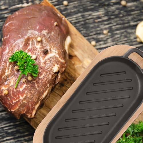 Plato parrilla rectangular de hierro POPETPOP con bandeja de madera para mantener comida caliente 6