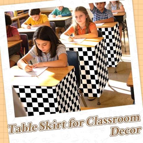Image of 9FT Black and White Checkered Table Skirt Teacher Desk Skirt for Classroom Rectangle Back to School Tablecloth for Race Car Birthday Party Decorations Kindergarten Office Dorm Bookcase Cabinet