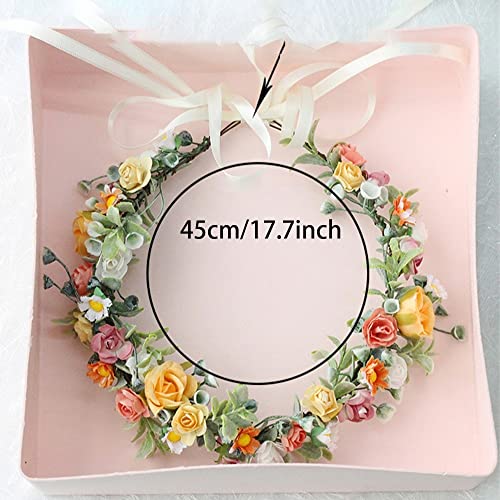 Foto von Stirnband Blume Krone, Stirnband Blumen, Blumenkranz, Krone Blumengirlande, Künstliche Blumen Krone Braut Kopfstück Greenery Krone Haarreif Blumen (Gelb)
