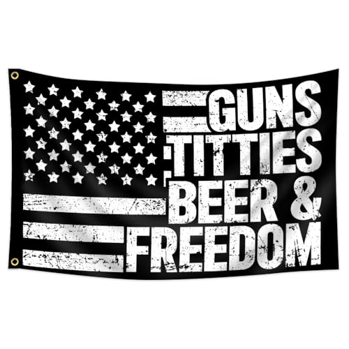 Guns Beer & Freedom Flag 3x5Ft American Freedom Beer Flag Funny Flag Banner with Brass Grommets for Man Cave Dorm Decor Indoor Outdoor