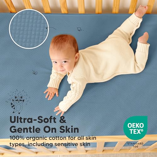 Image of 2-Pack Waterproof Crib Mattress Protector Cover Fitted - Quiet Baby Crib Mattress Pad Sheets, 52 inch x 28 inch Soft Quilted Cotton Baby Sheet, Machine Washable, Easy Fit, Durable (Lagoon /Quin)