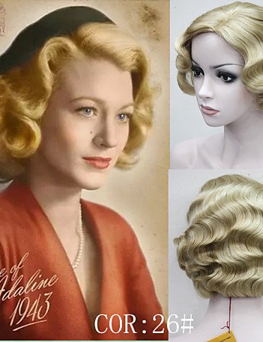 Perücke im Retro-Stil, kurz, Vintage, fingerwellig, Kunsthaar, blond Cover