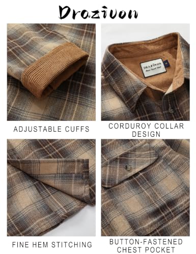 Drazivon Men's Button Down Long Sleeve Cotton Flannel Shirt Plaid Taupe L - image 4