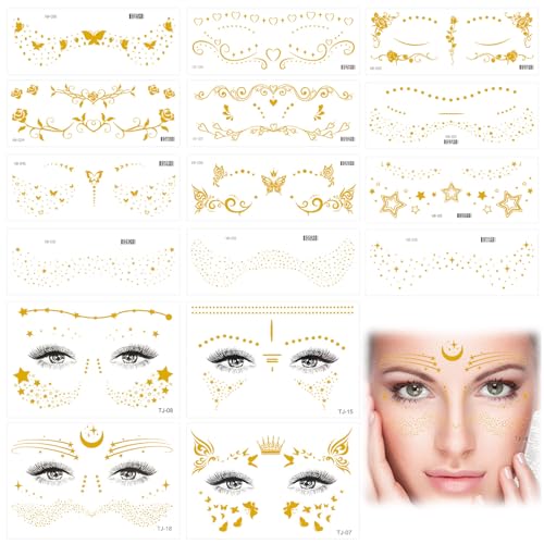 Gesichtstattoo Karneval, Glitzer Festival Make Up Tattoos, Wasserdichte Sommersprossen Freckles Tattoo in Gold für Frauen