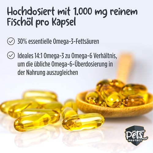 Omega-3 Kapseln für Hunde & Katzen | HOCHDOSIERT mit 1.000mg reinem Fischöl pro Kapsel | Sehr hoher Gehalt an EPA & DHA Fettsäuren | PCB-frei | Ohne Zusätze | 120 Kapseln | Deutsche Herstellung