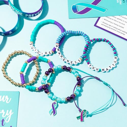 Y1tvei Suicide Awareness Bracelets Set- 7Pcs Suicide Prevention Awareness Colorful Clay Bead Surfer Bracelet with Ribbon Motivational Jewelry Accessories Gift for Suicide Mental Health Care Supplies2