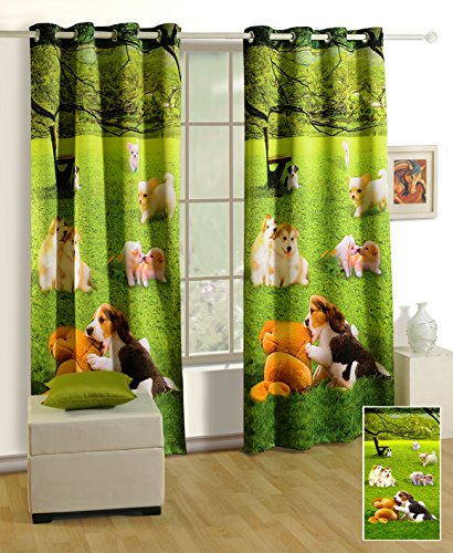 Image of Swayam Blackout Polyester Kids Window Curtain for Living Room & Bedroom | 5 Feet | Room Darkening Curtain with Eyelets | Pack of 1 | Puppy Design - Green