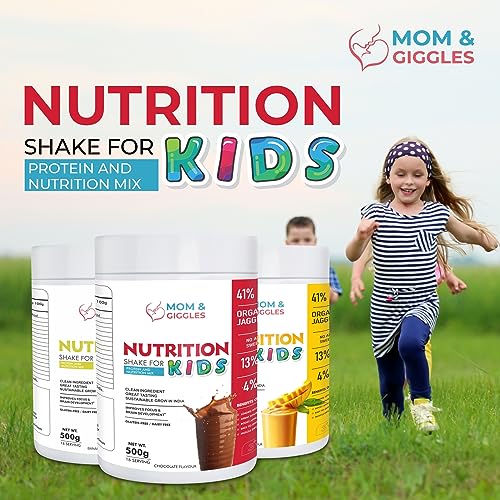 Image of MOM & GIGGLES Plant Based Protein Powder| Vegan protein Powder | Pea Protein Powder | Kids Nutrition Shake - With Shaker - (Banana Flavour) Pack of 1-500 gm