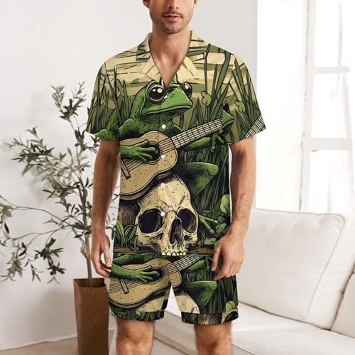 Frog Playing Banjo on Skull Mens Pajamas Set Short Sleeve Sleepwear Summer Pjs Sets 2 Piece Loungewear Nightwear2