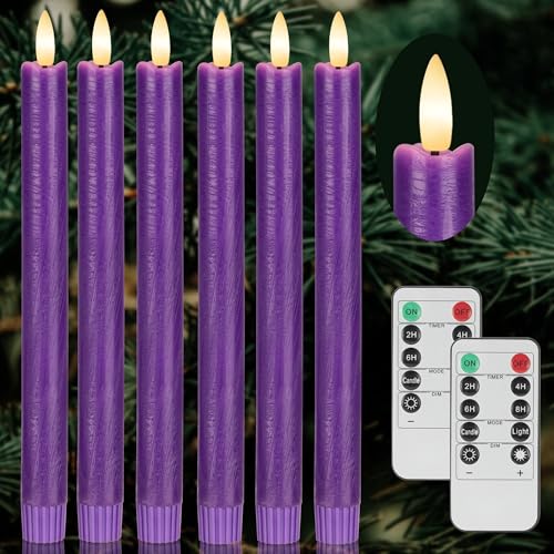 Image of Purple Flameless Taper Candles with Remote, 9.6'' Battery Operated Candles | Flickering LED Christmas Candlesticks, Real Wax, Warm Ambiance, Xmas Decor Gift for Winter Home Holiday Party, 6 Pack