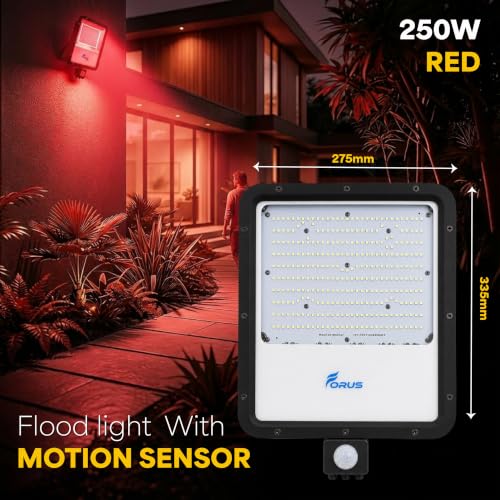 Image of Forus 250W LED Flood Light Red with Motion Sensor Auto On Off Day Night Mode Waterproof Outdoor Security Light for Garden Parking Garage Factory Warehouse Shop High Bright Floodlight 4Yr Warranty-1Pc