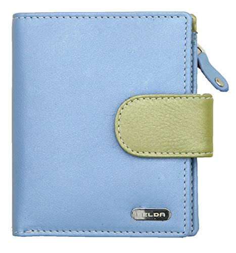 Felda - Cartera de Cuero auténtico con protección RFID - para Mujer - con Caja Regalo - Pequeña - Azul Cielo Metalizado