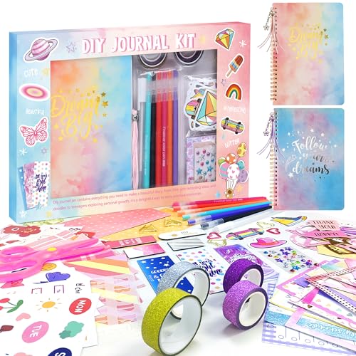 DIY Journal Kit for Girls Ages 8 9 10 11 12 13 14-Scrapbook Kit with 2 Diaries & 300+ Scrapbooking Supplies, Journaling Arts & Crafts Set, Perfect DIY Journal Gifts for Teen Girls & Teens