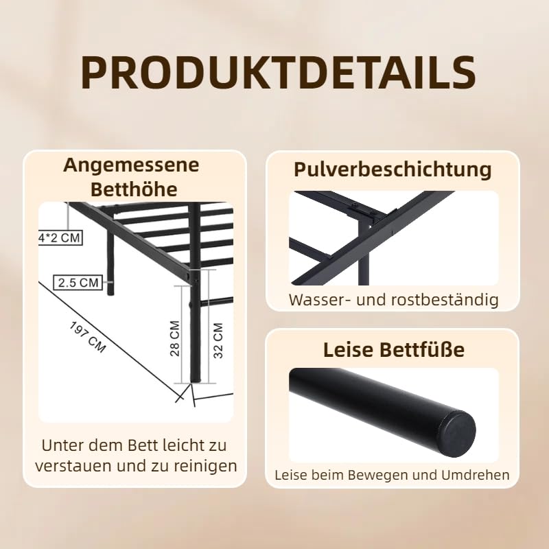 Double Bed Doppelbett Metallbett Bettrahmen Bettgestell für 140x190CM Matratze, Metall Bodenbett Schlafzimmer Bett mit Kopfteil Geeignet für Gästebett Jugendbett Seniorenbetten/Schwarz/Stil A – Bild 5