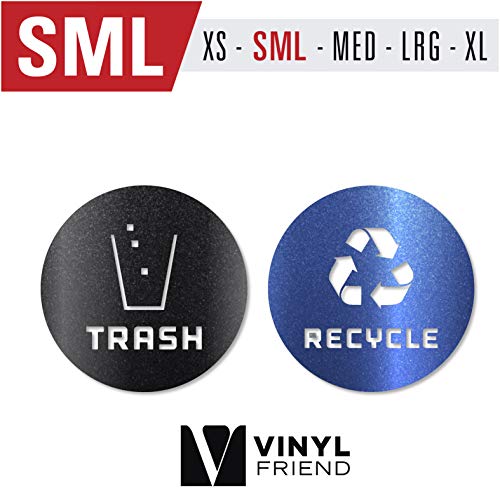 Image of Recycle and Trash Sticker Vinyl Modern Logo Symbol to Organize Trash cans or Garbage containers and Walls - Contour Cut (Metallic Blue /Black, Small)