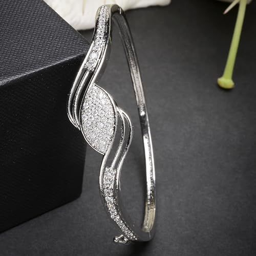 Image of ZENEME Rhodium Plated Silver Toned American Diamond Studded Grace Line Kada Bracelet For Women