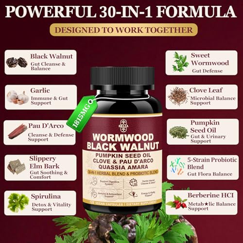 Image of 120CT 30-in-1 Liposomal Wormwood Black Walnut Clove Cleanse for Humans Capsules - Gut Cleanse & Digestive Support with Clove, Pumpkin Seed Oil, Garlic, Quassia Amara | 10X Concentrated | Vegan