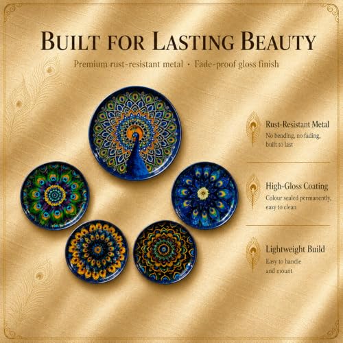 Image of TARUN'S HOME DECOR - Decorative Peacock Mandala Wall Plates Set of 5 | Handcrafted Metal Wall Art for Living Room, Bedroom, Hall & Home Decor | Multicolor Ethnic Hanging Wall Decor