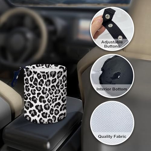 Image of Leopard Print Design Car Garbage Can Small Trash Can with Leak Proof Inside Liner and Hanging Strap Car Organizer Portable Cars Essentials