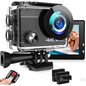 Action Cam 4K, videocamera subacquea da 20MP 50FPS Wi-Fi 40M con schermo touch screen IPS da 2″, grandangolo Ultra HD 170°, telecomando, 2 batterie ricaricabili, kit di accessori