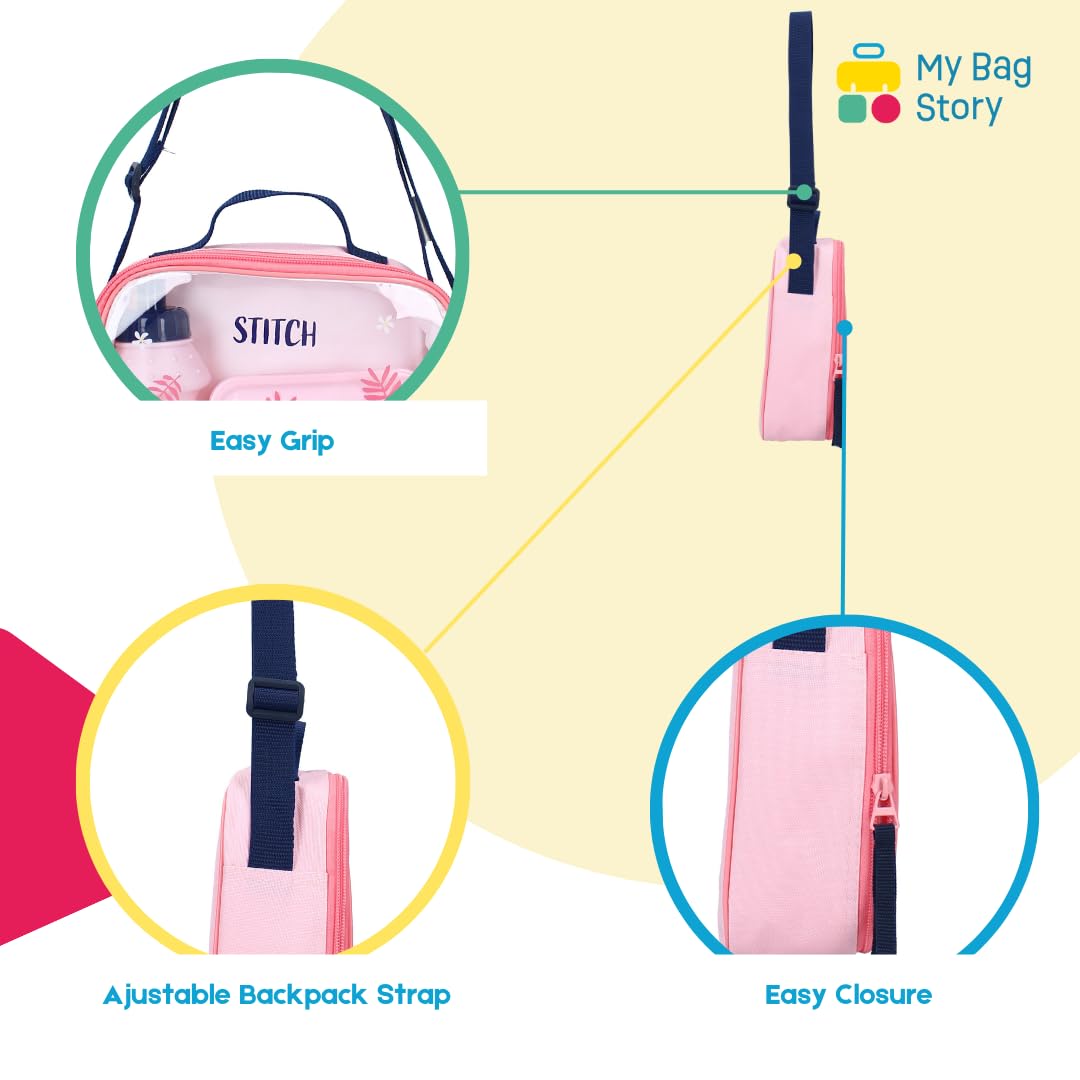 mybagstory - Sac Lunch pour fille avec boite a gouter et gourde rose stitch - Enfant - Ecole - Maternelle -Garderie - Crèche - Lunch fille - Taille 22 cm - Bretelles réglables