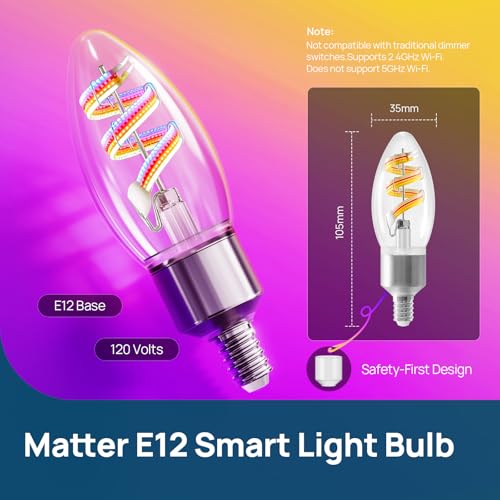 Image of Linkind E12 Led Bulb, RGBTW Color Changing Matter Smart Light Bulbs, 2 Pack | Work with Alexa /Apple /Google Home, 40W RGBTW Smart Filament Bulbs for Chandelier, 2.4Ghz WiFi Only Candelabra Bulbs, 400 LM