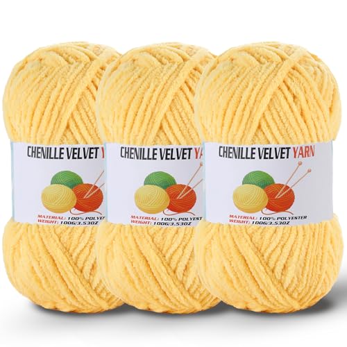 Image of 3 * 100g /3.5oz Fluffy Chenille Yarn for Crocheting, Chunky Velvet Yarn for Crochet Amigurumi, Used for Making Baby Yarns Blanket, Clothes, Pattern Knitting Creations (Yellow)