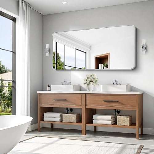 Image of KOCUUY Silver Bathroom Mirror, 60x30 Inch Large Bathroom Mirror for Over Sink, HD Tempered Glass, Anti-Rust Brushed Silver Frame, Rounded Corner Modern Design for Bathroom, Hang Horizontal /Vertical