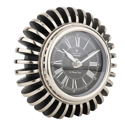 Image of Decor de Maison Brings Handcrafted Edgesculpt Table Clock for Living Room, Bedroom, Study Table, Office Desk | Classic Non-Ticking Tabletop Battery Operated Analog Desk Clock in Black (17x6x17cm)