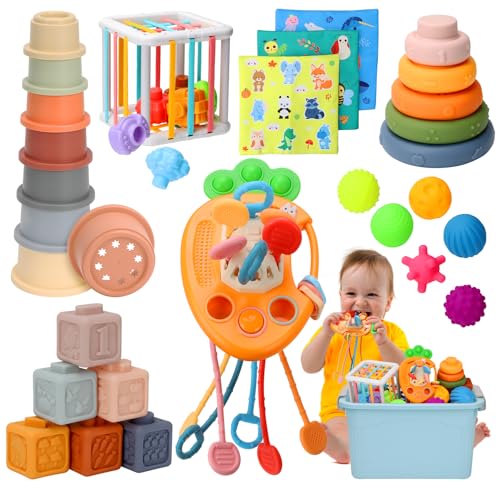 Image of Wattne 7 in-1 Montessori Toy with Pull String Toy, Sensory Bin Toys, Stacking Baby Blocks & Soft Ring & Sensory Ball for Toddler