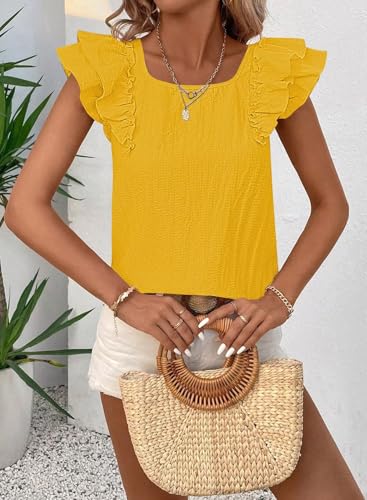 Image of Falechay Womens Bow Tie Back Tops Round Neck Ruffle Short Sleeve Shirts Cute Babydoll Chiffon Tee Women Summer Trendy Tunic