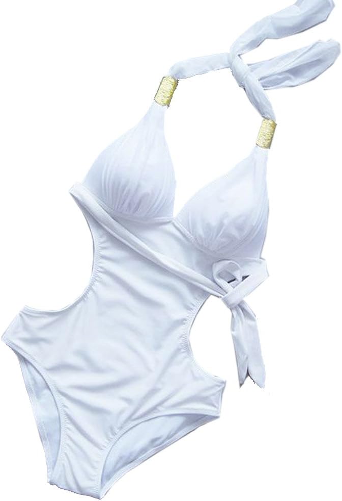 ECOSCO One Piece Scrunch Monokini Style bikini Swimsuit Swimwear Beachwear (L, White)