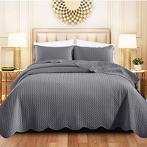 Luxury Bedspread Super King Size Grey - Stylish Matt Finish Lightweight Reversible Embossed Pattern Bedspread Bedding Sets - 3 Piece Blanket Throw Bed Spread 250 X 270 cm + 2 Pillow Shams