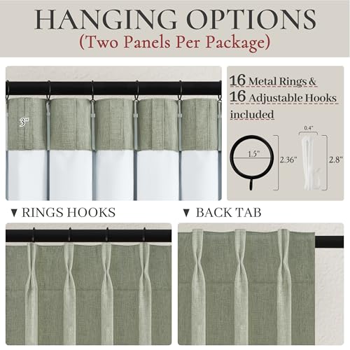 Image of Sage Green Blackout Linen Curtains 108 Inches Long for Living Room Bedroom, Pinch Pleated Boho Light Drapes Viral Window Curtain with Pinch Pleat Clips Thermal Insulated (40 inchWx108 inchLx2Panels Sage)