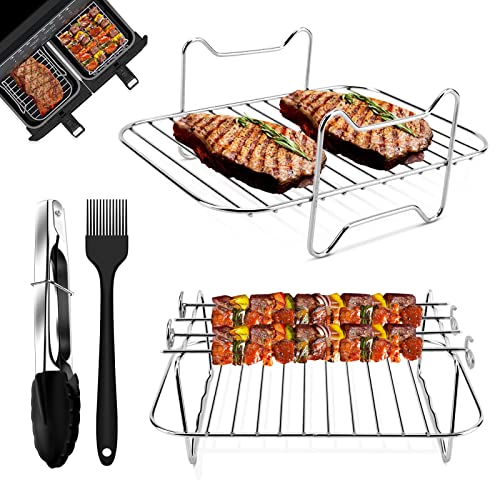Auniq 2 Stück Heißluftfritteuse Grillrost, 304 Edelstahl Airfryer Grillrost Zubehör für Ninja Foodi mit 4 Grillstäbchen, Bürste und Clip, Air Fryer Zubehör Dehydrator Rack für Ninja Foodi DZ201/401 Cover