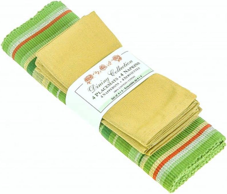 4 + 4 Green Stripes and Solid Yellows Placemats and Napkins