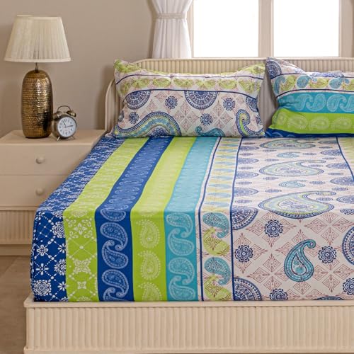 Image of Swayam 100% Cotton King Fitted Bedsheet with 2 Pillow Covers | Size 72 x 78 x 10 inch | 144 TC | Ethnic Motifs Design | Soft Breathable Bed Sheet | Comfortable & Durable for Bedroom - Multicolor