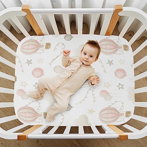 Image of Kigai Hot Air Balloon Clouds Crib Sheet for Boys and Girls Jersey Knit Fitted Crib Sheet Cozy Soft Breathable Baby Crib Sheet Standard Baby Sheet and Toddler Bed Sheet, 28 x 52 in