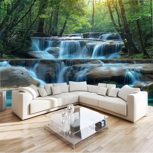 Fotomurales Paisaje Natural Cascada Bosque Papel pintado 200 x 140 cm tejido no tejido, Arte Papel tapiz mural Verde Moderna Decoración De Pared Sala Oficina Salón