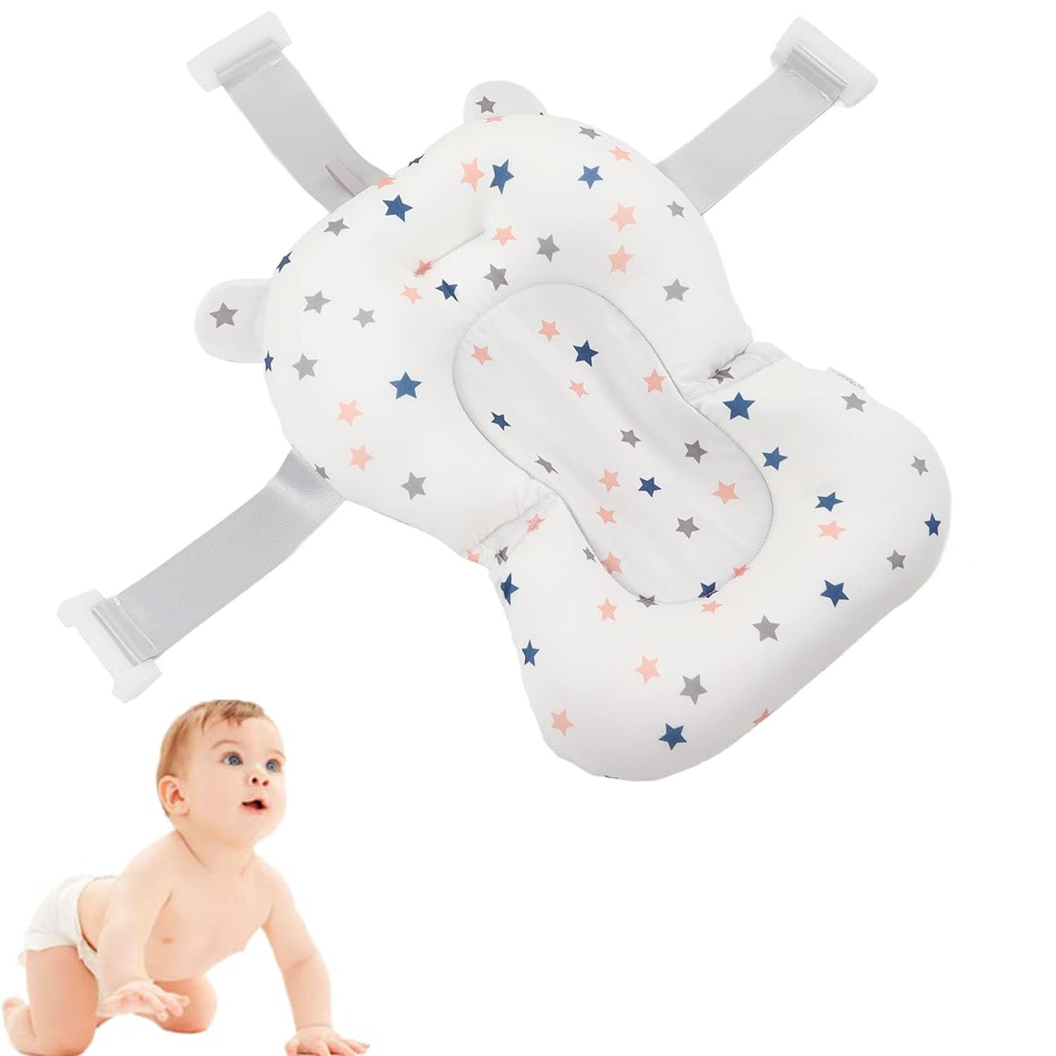 Red de Baño para Bebés, Asiento de Baño para Bebé Recién Nacido, Cojín de Baño Recién Nacido, Soporte de Baño Ajustable Plegable Flotante para bebé de 0 a 18 Meses (Estrellas blancas)