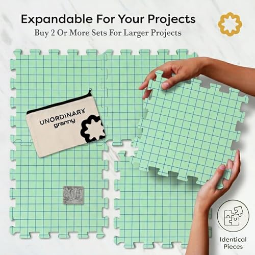 Image of Unordinary Granny Crochet Blocking Board Set - 9 Extra Thick Interlocking Mats with Grid, 150 T-Pins, Felt Storage Bag and Cotton Pouch (Sage Green)