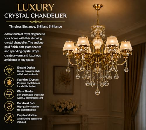 Image of Italian Chandelier Lamp, Antique Gold Finish, 6-Light Hanging Light with Six Big Head Decorative Crystals with Filament Bulb (Multicolor, 6 * 5W)(Corded Electric, Glass)