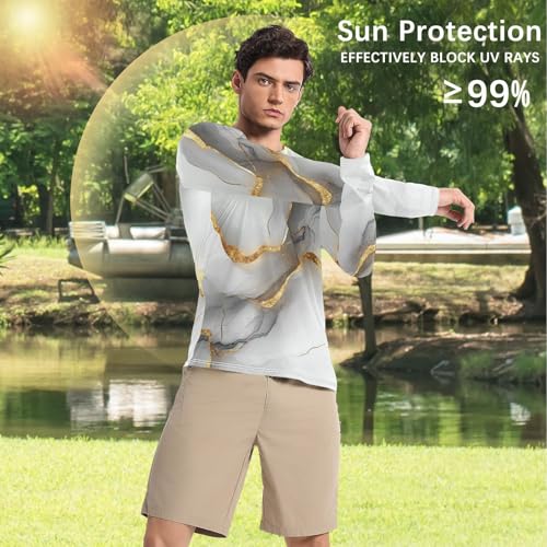 Marble Gray White Men's UPF 50+ Swim Shirts Fishing Loose Long Sleeve Sun Protection UPF 50+ Running4