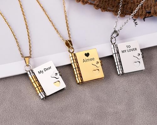 Image of Personalized Story Book Pendant Necklace, Stainless Steel Customizable Locket with Chain, Heart Charm Design, 18.5mm BookPendant, 45cm Chain Length, Gift for Women and Girls