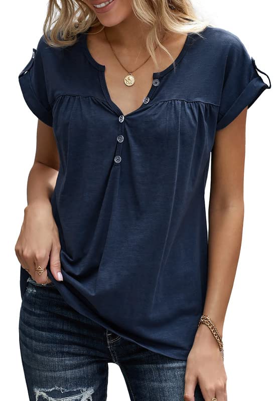 Women's Casual Short Sleeve T-Shirts V Neck Button Up Tunic Tops Summer Rolled Sleeve Henley Shirt