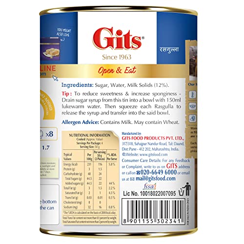 Image of Gits Rasgulla Tin | 500gm, 8 Pieces |Open & Eat | Mouth-Watering Indian Mithai | Delicious, juicy (Pack of 3)