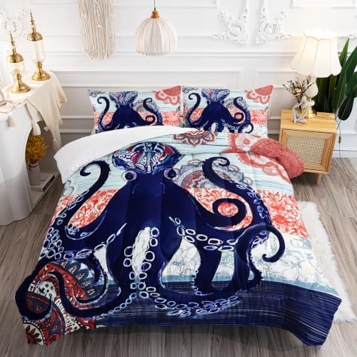 Image of AILONEN Bohemian Octopus Queen Comforter Set, Navy Mandala Artwork Home Ensemble, 3 Piece Microfiber Down Alternative Fill for Couples Family Guests